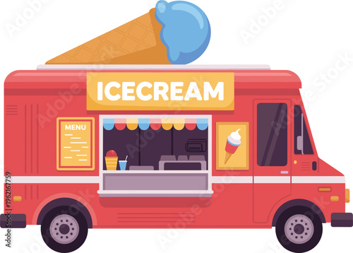 Ice cream truck vector illustration, colorful street food vehicle with menu and dessert design