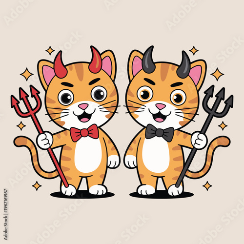 Cute Devil Cats with Pitchforks 