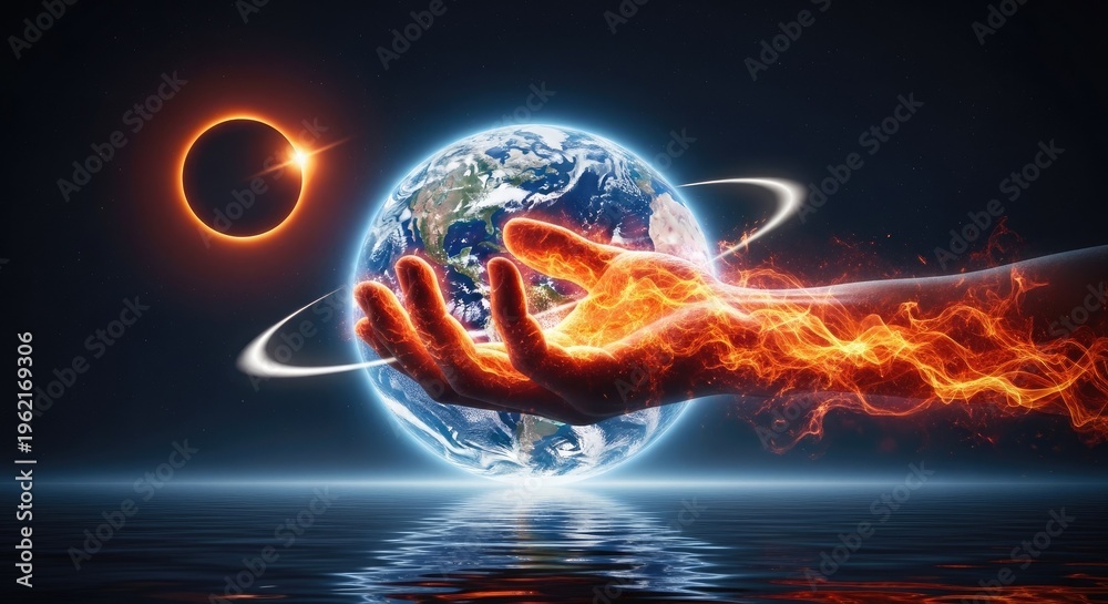 Fototapeta premium Abstract illustration of planet earth held in a glowing hand concept art