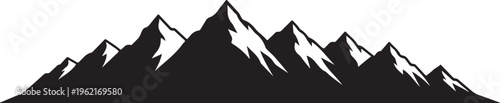 Black mountain range silhouette, snowy peaks, vector landscape, graphic design element