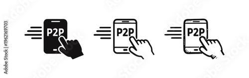 P2P Mobile Payment and Transaction Icon Set with Hand Tapping Smartphone Screen