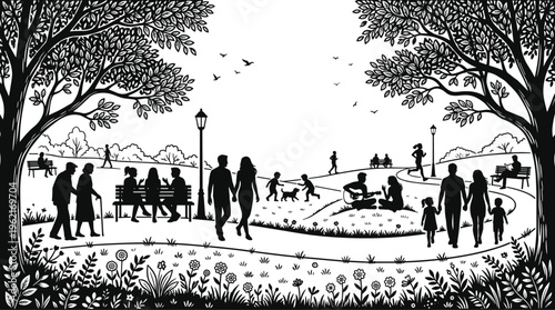WebPublic park landscape silhouette with people, family walking, seniors, children playing, musicians, trees and flowers, urban recreation area, isolated vector.