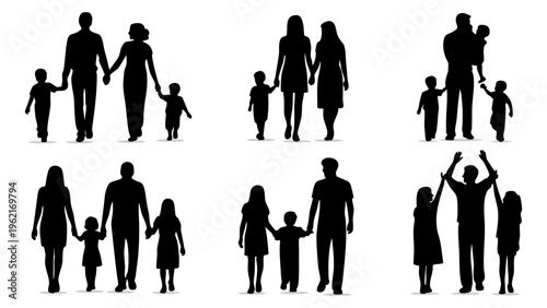 Family Silhouettes Collection With Children, Happy Family Walking Holding Hands Silhouette, Parents And Kids Together Black Silhouette Set, Family Life Parenting Concept Silhouette Bundle