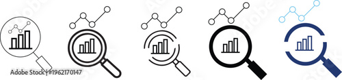 Vector Symbol of data analysis, business reporting, performance metrics, dashboard analytics, insights, monitoring, research and data .Data analysis magnifying glass and bar chart showing growth .