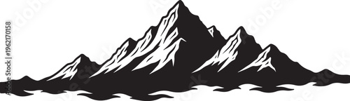 Black mountain range silhouette, vector landscape illustration, snowy peaks, monochrome design element