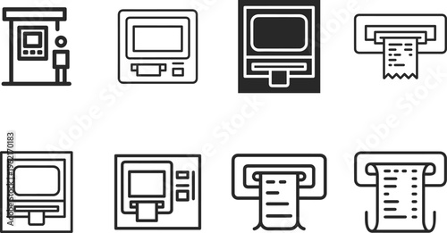 Collection of ATM and cash machine icons, representing financial transactions, banking services, and automated teller machines, with various styles including line art, solid fill, and receipt dispens.