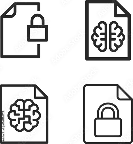 Set of four icons representing concepts of data security, intellectual property, and artificial intelligence, featuring document symbols with locks and brain illustrations, suitable for technology