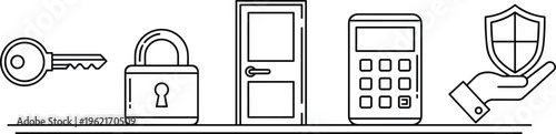 WebSecurity and Access Control Icon Set Featuring Key Padlock Door Electronic Keypad and Shield in Hand Vector Illustrations for Safety