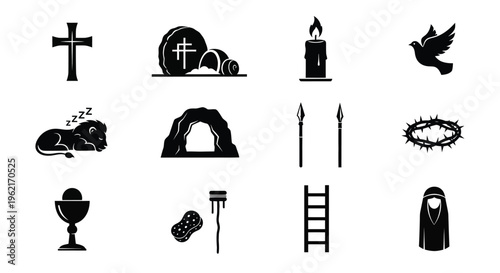 Easter and lent symbols icons set including cross tomb dove crown of thorns and chalice on white background