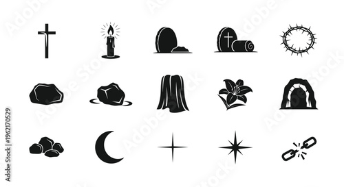 Easter and lent icons set including cross tomb candle wreath and resurrection symbols in black on white background
