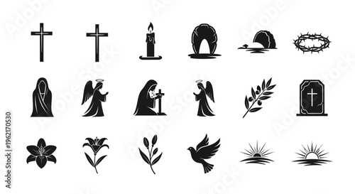 Easter and good friday symbols including crosses angels flowers and tomb icons in black silhouette on white background
