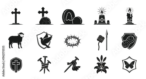 Easter and christian symbols collection black icons set