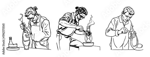 Glassblower set with continuous line art of an artisan shaping a glass vessel, thin black line on white background featuring glassblowing, handcraft, illustration with movement and craft