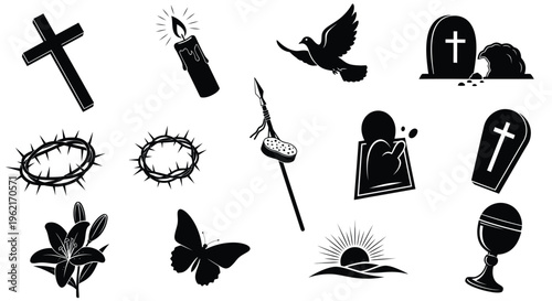 Collection of black silhouette religious icons and symbols on white background