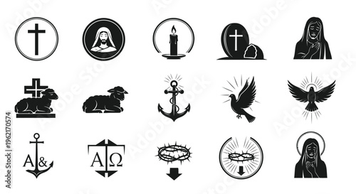 Christianity symbols and icons set religious emblems sacred signs faith illustrations