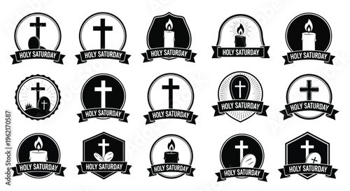 Holy saturday icons set with crosses and candles in black and white