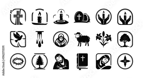 Christianity symbols and icons set including cross candle lamb dove and bible on white background for design and faith