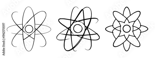 Atom nucleus science icon set with stylized geometric representation featuring physics, chemistry, laboratory, scientific illustration with iconography and vector graphics