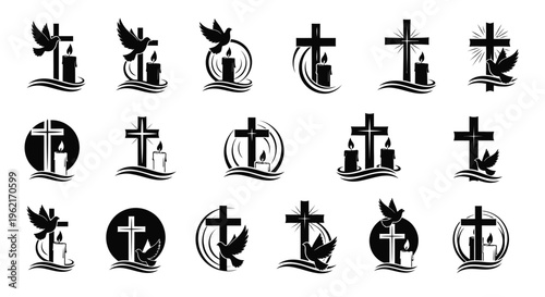 Collection of christian cross symbols with doves and crescent moons on waves black icons