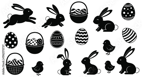 Easter themed black silhouettes of bunnies eggs and chicks on white background for holiday decoration and design