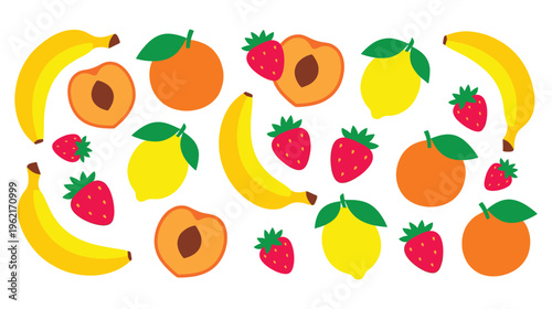 Various fruits colorful vector illustration set on white background.