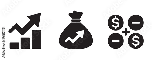 Business and finance icons set in solid style including profit, money bag with growth and financial equation.