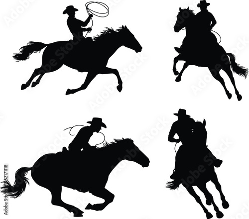 Cowboy riding horse silhouettes collection featuring rodeo action, lasso techniques and western lifestyle poses, black figures isolated for ranch, sport and cultural design