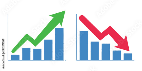 Professional business growth and decline charts showing rising green arrow and falling red arrow with bar graph.