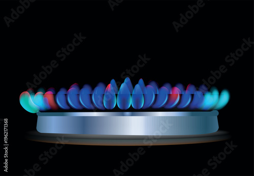 Blue Flame Gas Burner on Stove Top Vector Illustration, Natural Gas Energy and Household Utility Concept Graphic Isolated on Black Background, Cooking and Heating Fuel Power Art Design