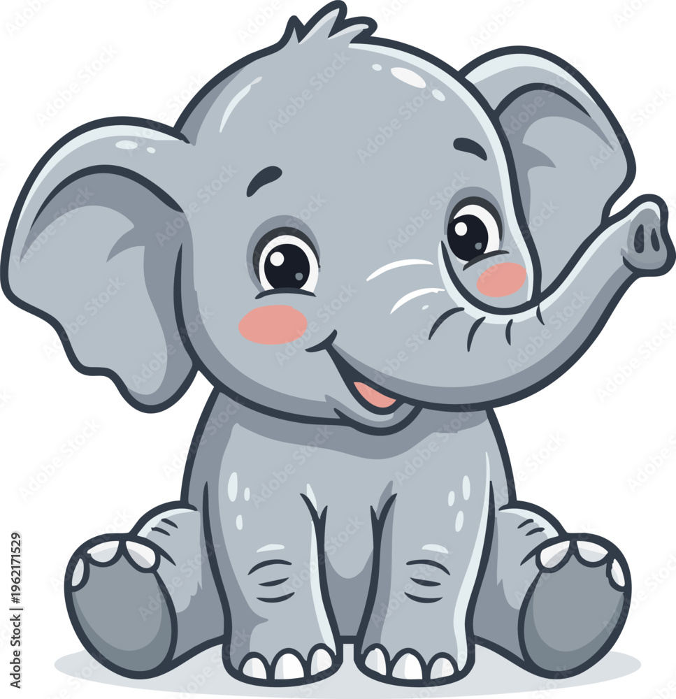 Fototapeta premium A cute cartoon baby elephant with big eyes on a light background