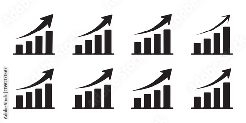 Set of eight upward trending bar graph icons with arrows illustrating growth and success.