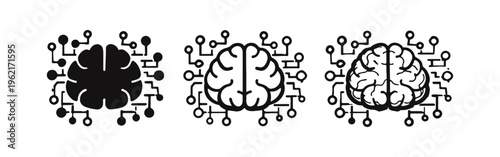 Artificial Intelligence Brain Network Icon Set. Digital Neural Circuit for AI Machine Learning.