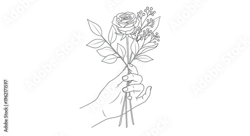Delicate hand holding floral bouquet drawing isolated on white background