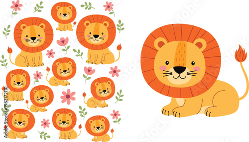 Cute Lion Cartoon Set with Floral Elements and Multiple Character Poses for Kids Nursery Design Safari Animal Vector Illustration Collection