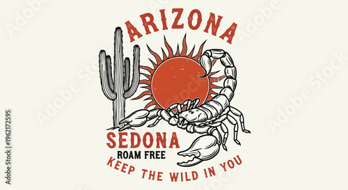 Modern Illustration with Sun and Scorpion against a Textured Background, concept for travel marketing, wild west theme, and souvenir design.