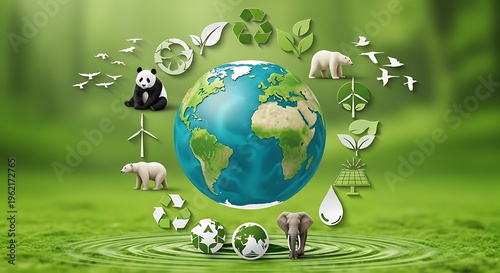 Earth surrounded by eco-friendly symbols and animals in green landscape