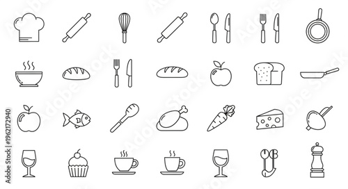 Collection of Kitchenware and Food Items in Sketch Style.