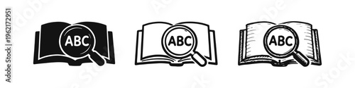 Dictionary and Learning Icon Set with Magnifying Glass over ABC Book