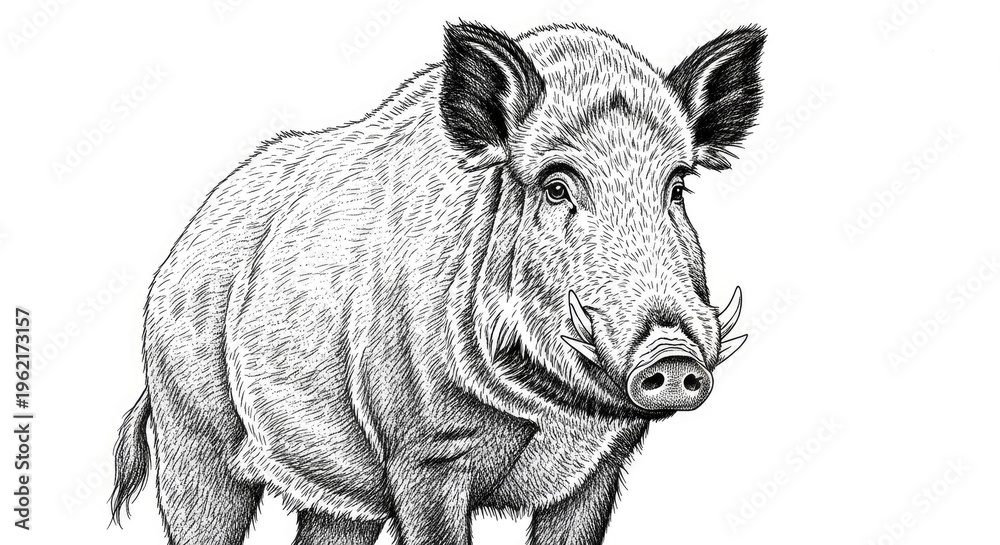 Fototapeta premium Detailed ink drawing of wild boar on white background for commercial use