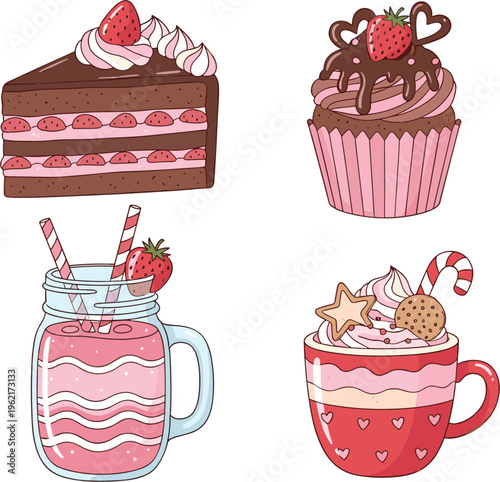 Delicious sweet dessert collection featuring chocolate strawberry cake slice, pink cupcake with heart decorations, creamy berry smoothie jar, and festive hot cocoa mug in a cute hand-drawn vector styl