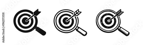 Target and Magnifying Glass Icon Set - Business Goal, Strategy and Precision Search Symbol