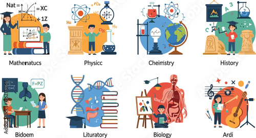 School Subjects Education Illustration Set Featuring Mathematics, Physics, Chemistry, History, Biology, Literature and Art with Students, Books and Learning Icons