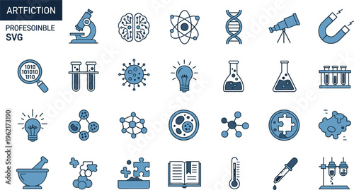 Science Laboratory Line Icon Set Featuring Microscope, Atom, DNA, Molecule, Test Tubes and Research Equipment for Education, Biotechnology and Medical Science Design