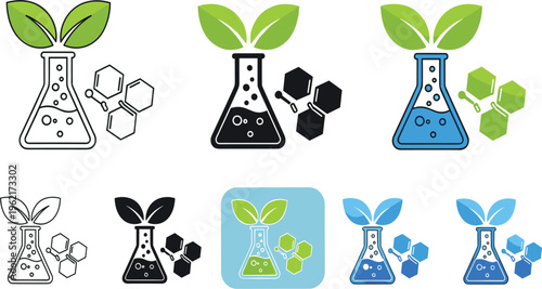 Green Biotechnology Laboratory Flask with Plant Leaves Icon Set Representing Bio Science, Eco Chemistry, Sustainable Research and Environmental Innovation Vector Collection