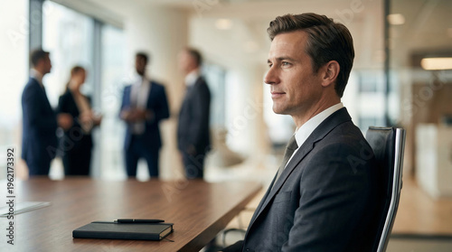 Thoughtful businessman in dark suit looking away from camera in modern office boardroom with blurred colleagues in background, atmosphere