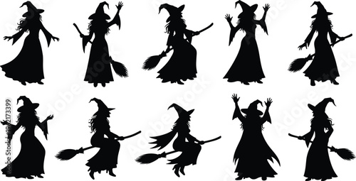 WebWitch silhouette collection with flying broomstick, casting magic, wearing pointed hat, Halloween character set isolated on white background for vector.