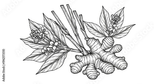 Detailed monochrome illustration of ginger plant with leaves and flowers