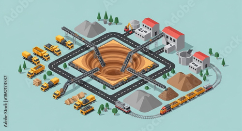 Isometric Mining Operation - Trucks, Conveyors, and Processing Plants.