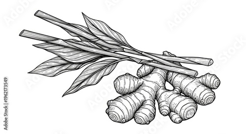 Detailed monochrome illustration of ginger root and leaves on white background