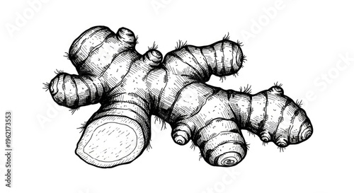 Detailed monochrome illustration of ginger root isolated on white background